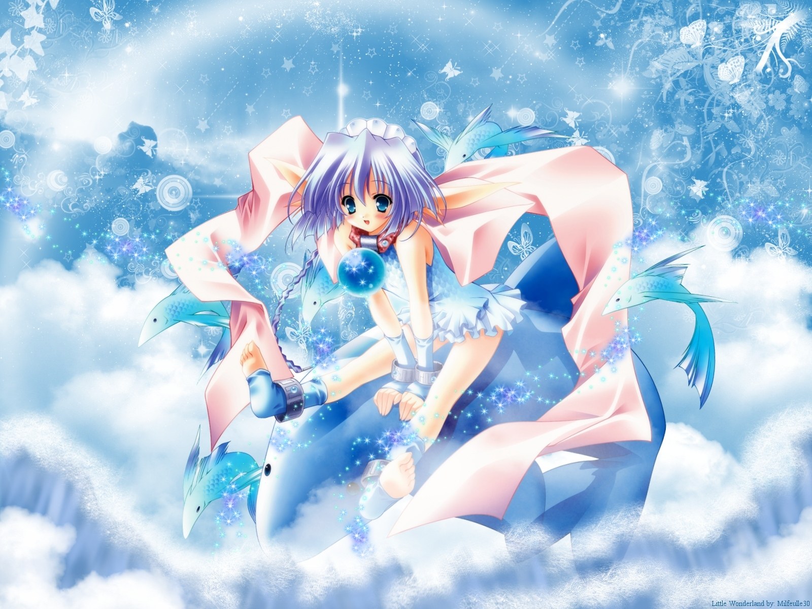 Anime girl with dolphins in clouds