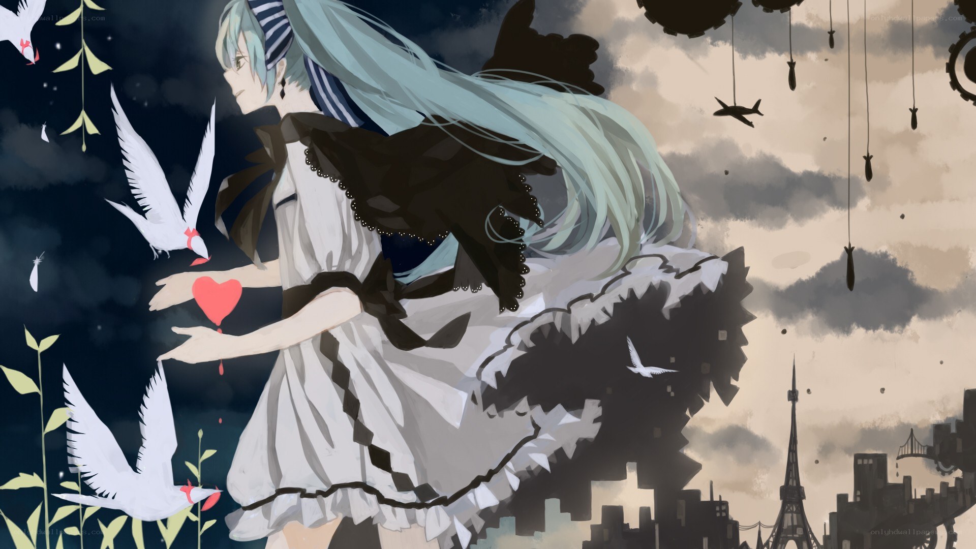 Anime girl with doves and bombs
