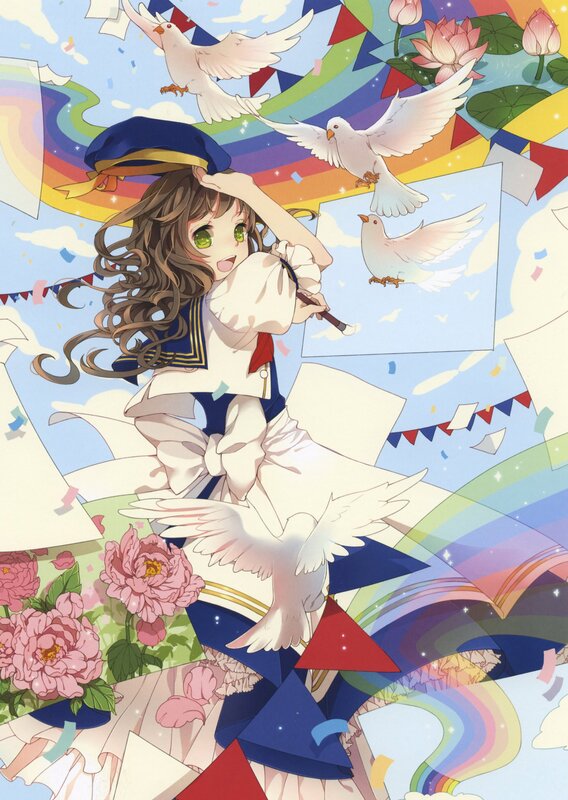 Anime girl with doves and rainbow