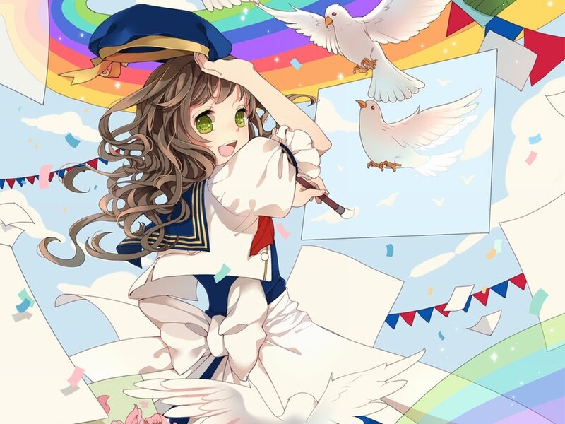 anime girl with doves and rainbow