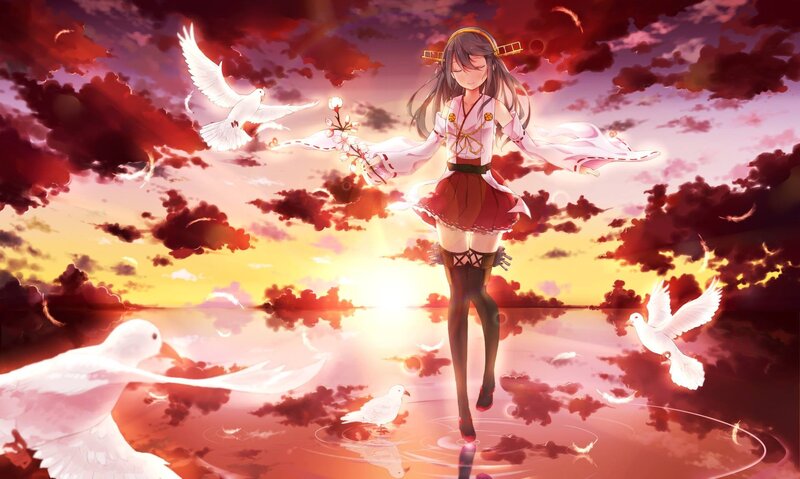 Anime Girl with Doves — Red, Serene