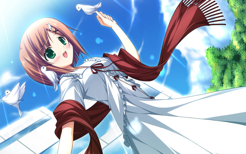 Anime Girl with Doves — White, Serene