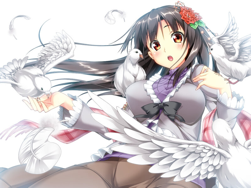 Anime Girl with Doves — White