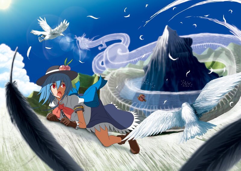 Anime girl with dragon and birds