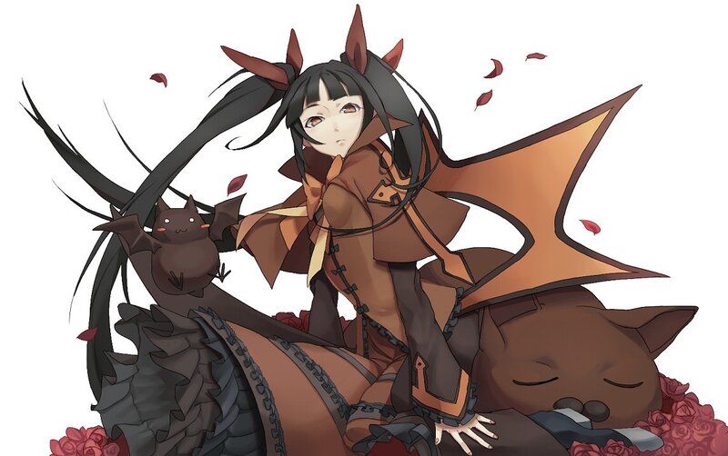 anime girl with dragon and cat