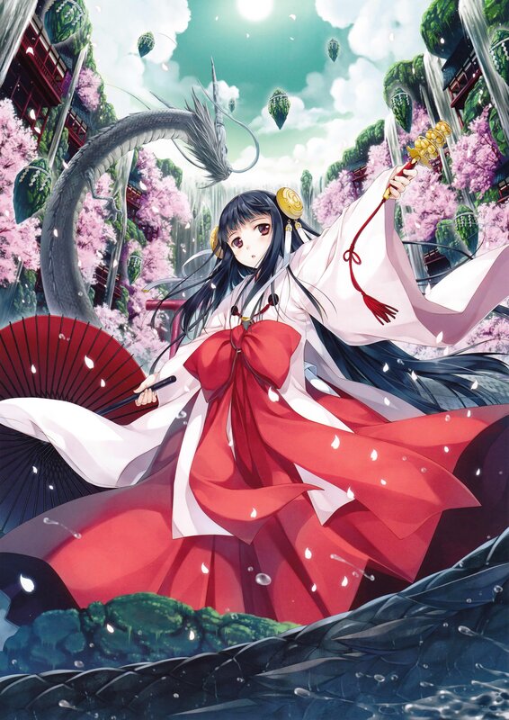 Anime girl with dragon and fan