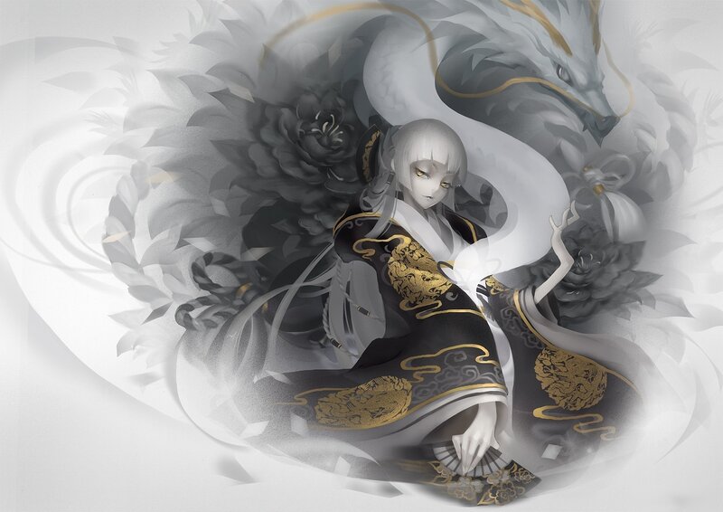 Anime girl with dragon and flowers