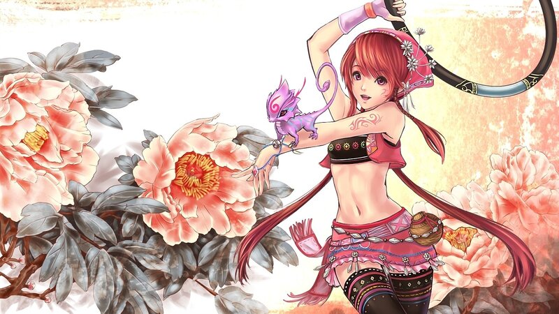 Anime girl with dragon and flowers