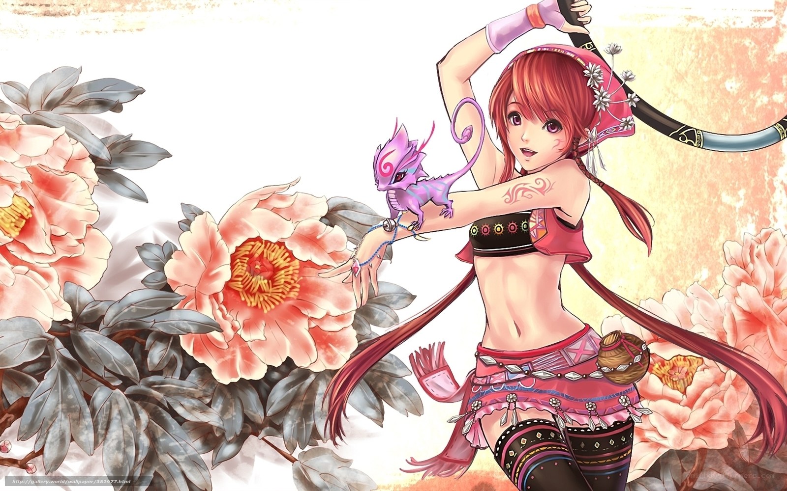 Anime girl with dragon and flowers