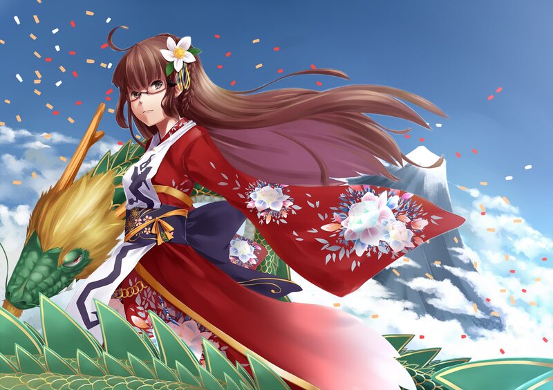 Anime girl with dragon and mountain