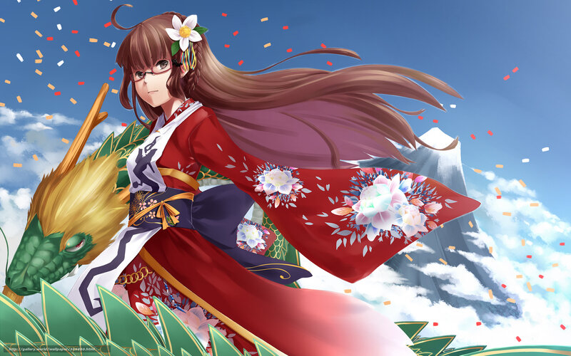 Anime girl with dragon and mountain