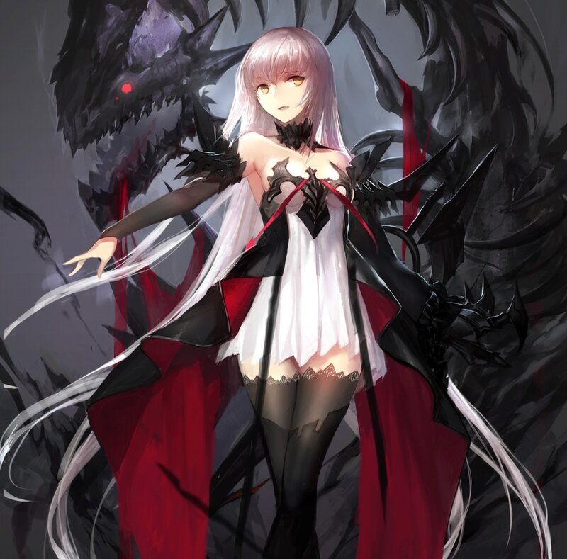 Anime Girl with Dragon — Black, Dramatic, Digital Art, White Hair