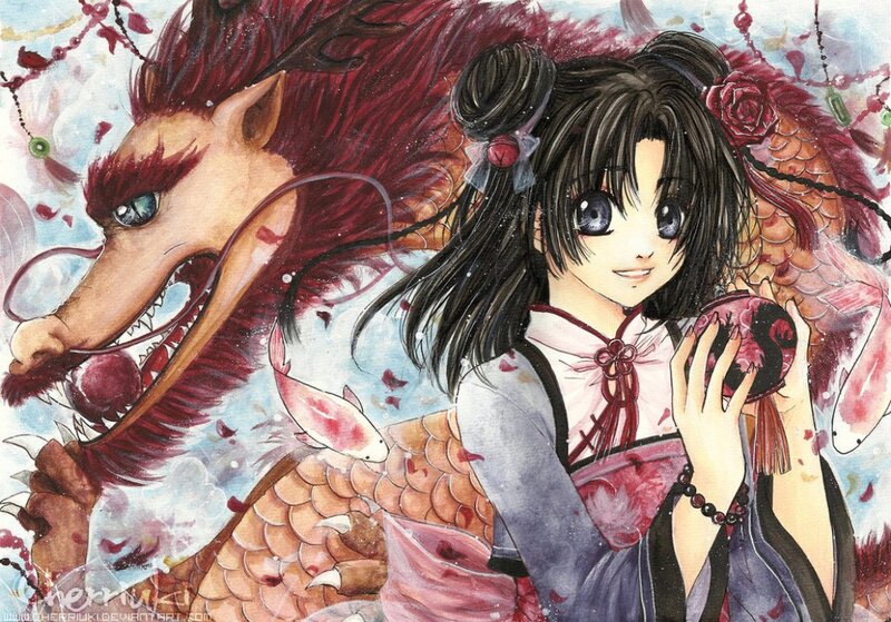 Anime Girl with Dragon — Black, Dramatic