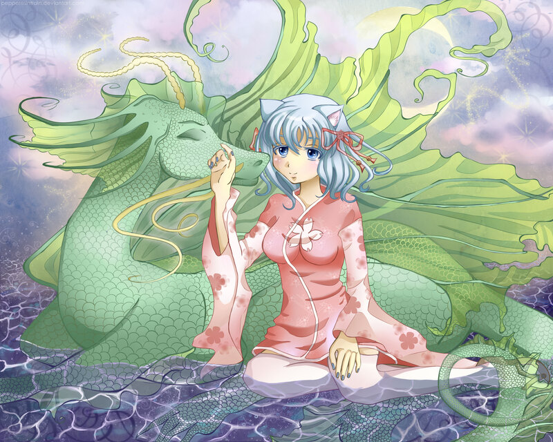 Anime Girl with Dragon — Green, Serene