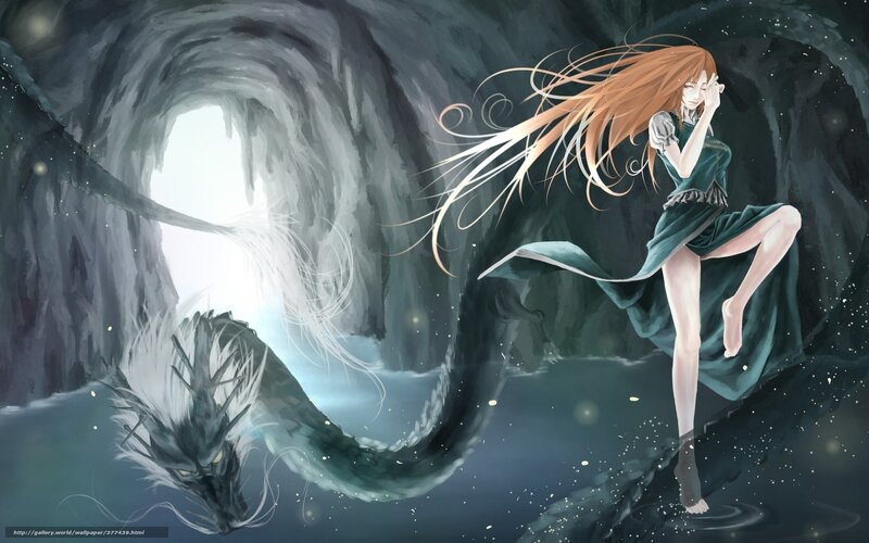 Anime girl with dragon in cave