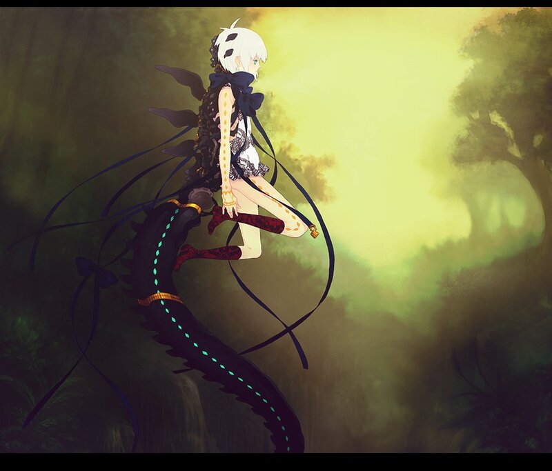 anime girl with dragon in forest