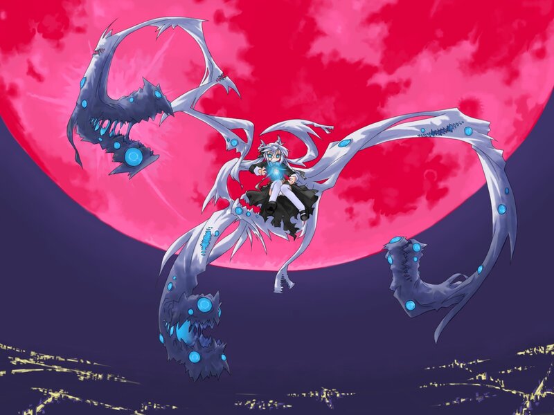 Anime girl with dragon in night sky