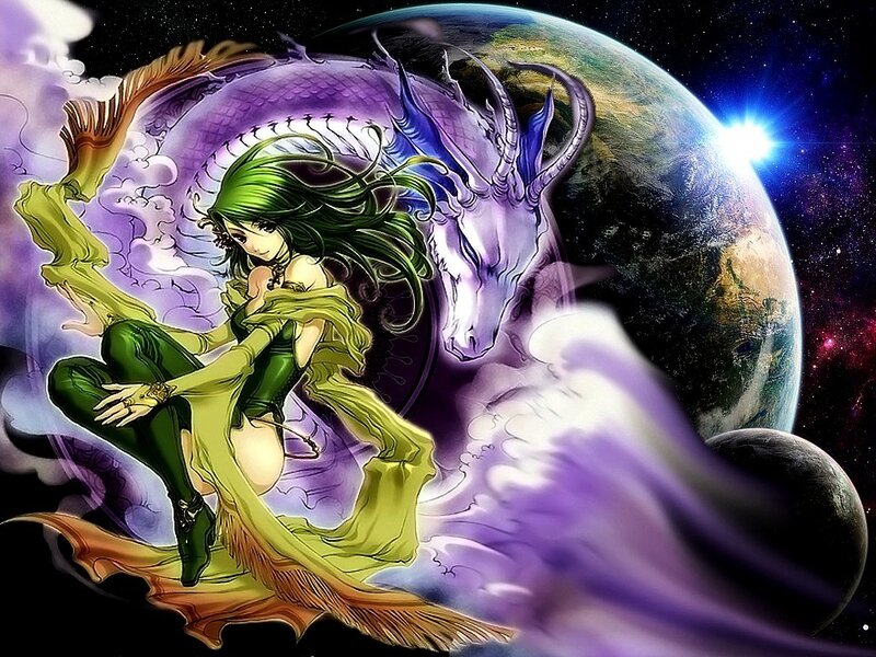 Anime girl with dragon in space