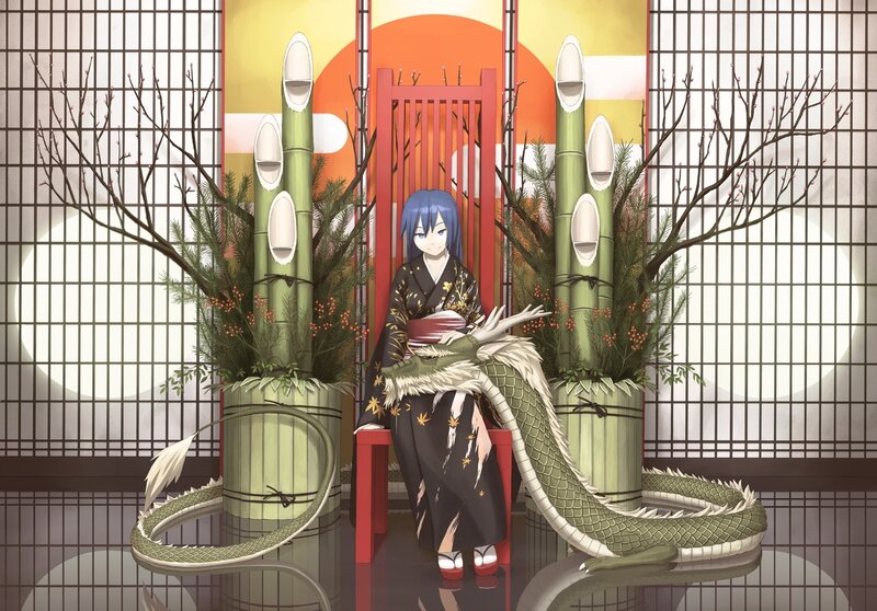 Anime girl with dragon in traditional setting