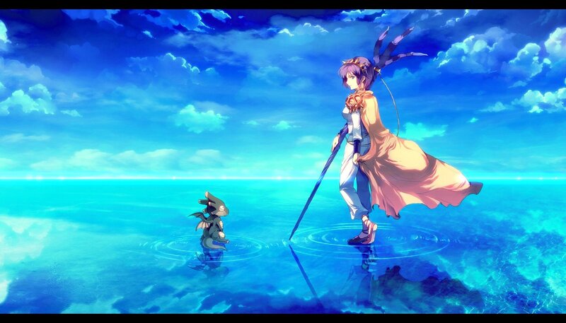 anime girl with dragon on water