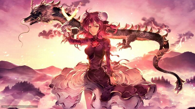 Anime Girl with Dragon — Pink, Dramatic, Sunset
