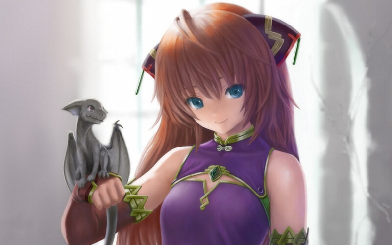 Anime Girl with Dragon — Purple, Calm, Digital Art