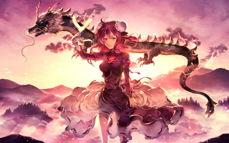 Anime Girl with Dragon — Purple, Dramatic, Sunset, Digital Art