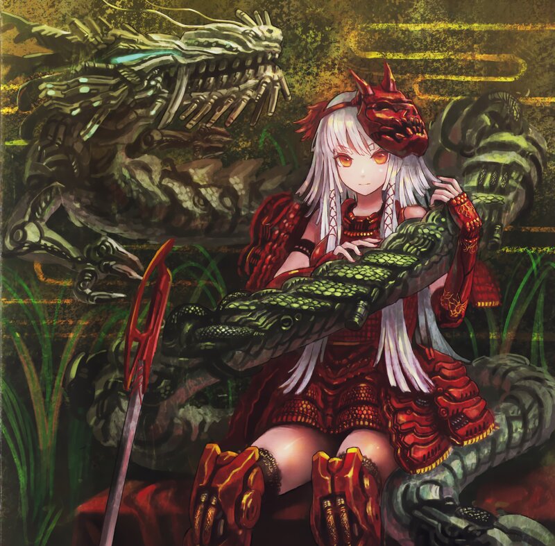 Anime Girl with Dragon — Red, Dramatic, Digital Art
