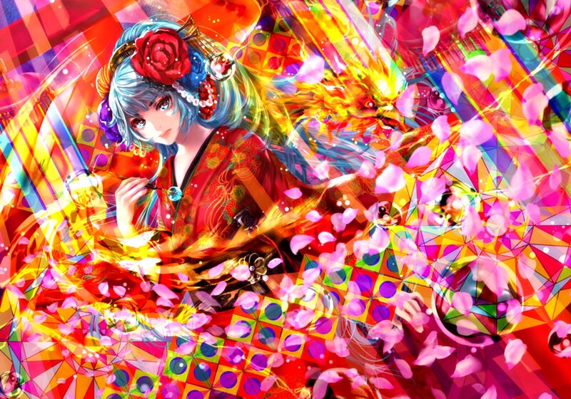 Anime Girl with Dragon — Red, Vibrant