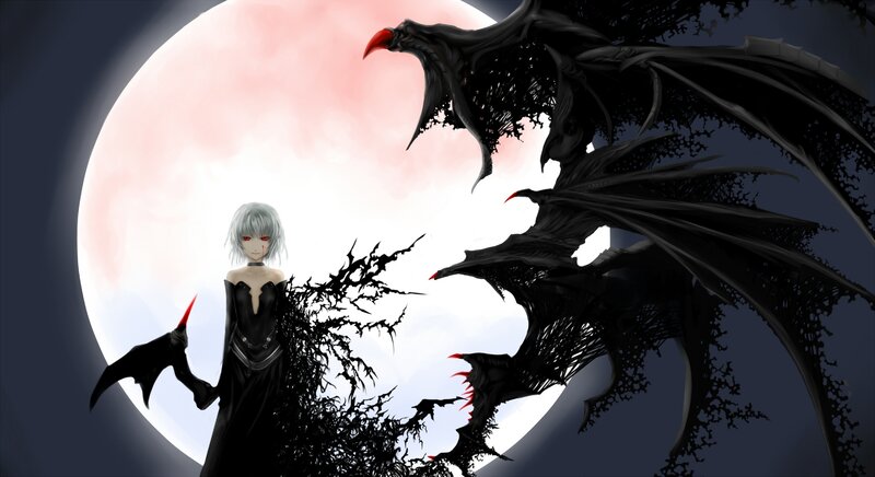 Anime girl with dragon under moon