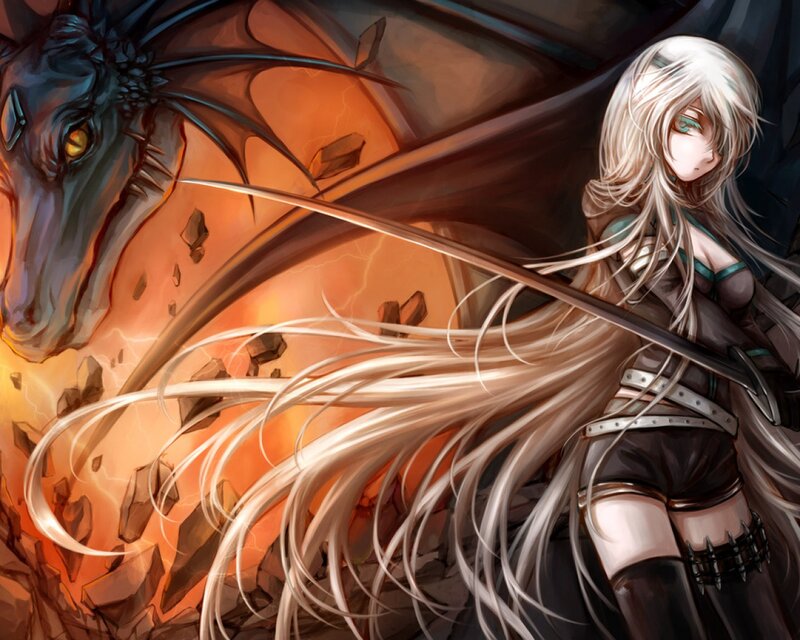 Anime Girl with Dragon — White, Dramatic