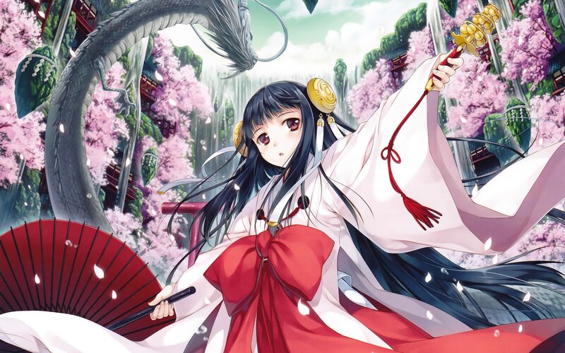Anime Girl with Dragon — White, Serene, Spring
