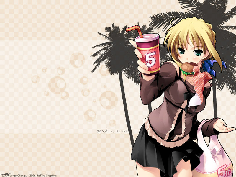 anime girl with drink and burger