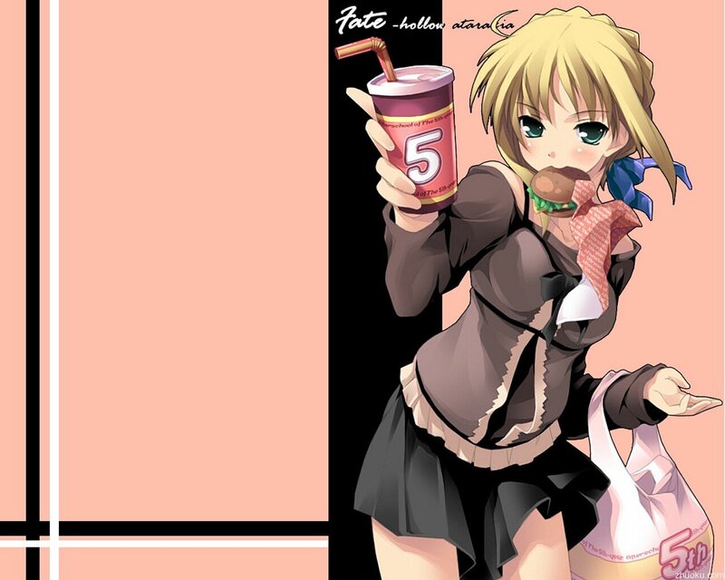 anime girl with drink and burger