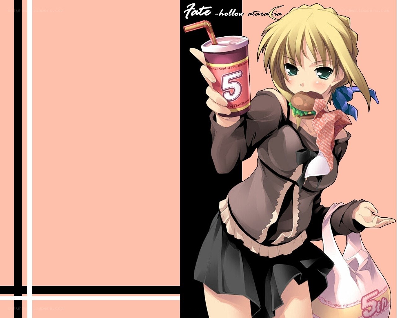 anime girl with drink and burger