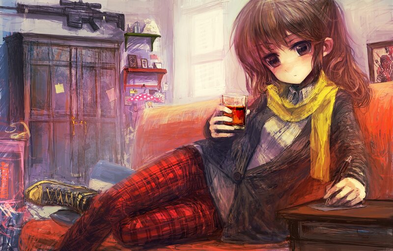 Anime girl with drink and pen