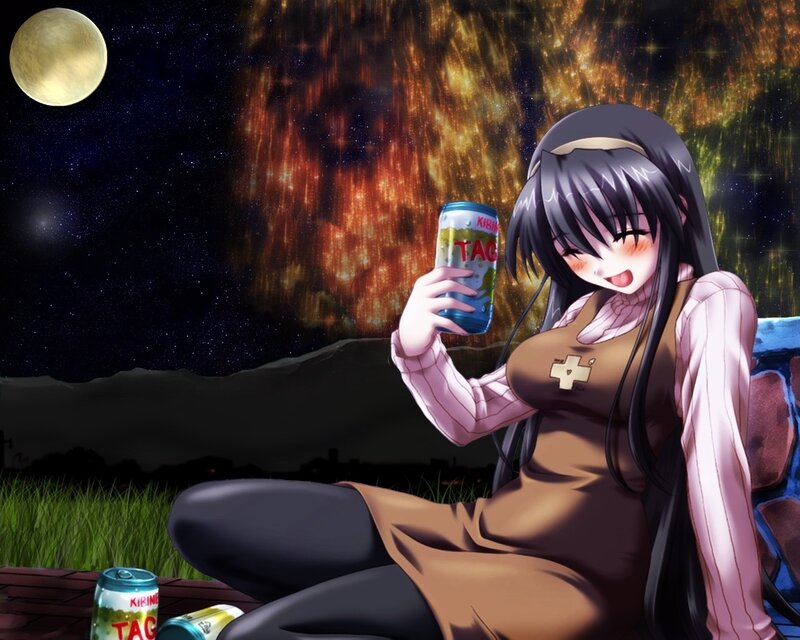 Anime girl with drink at night
