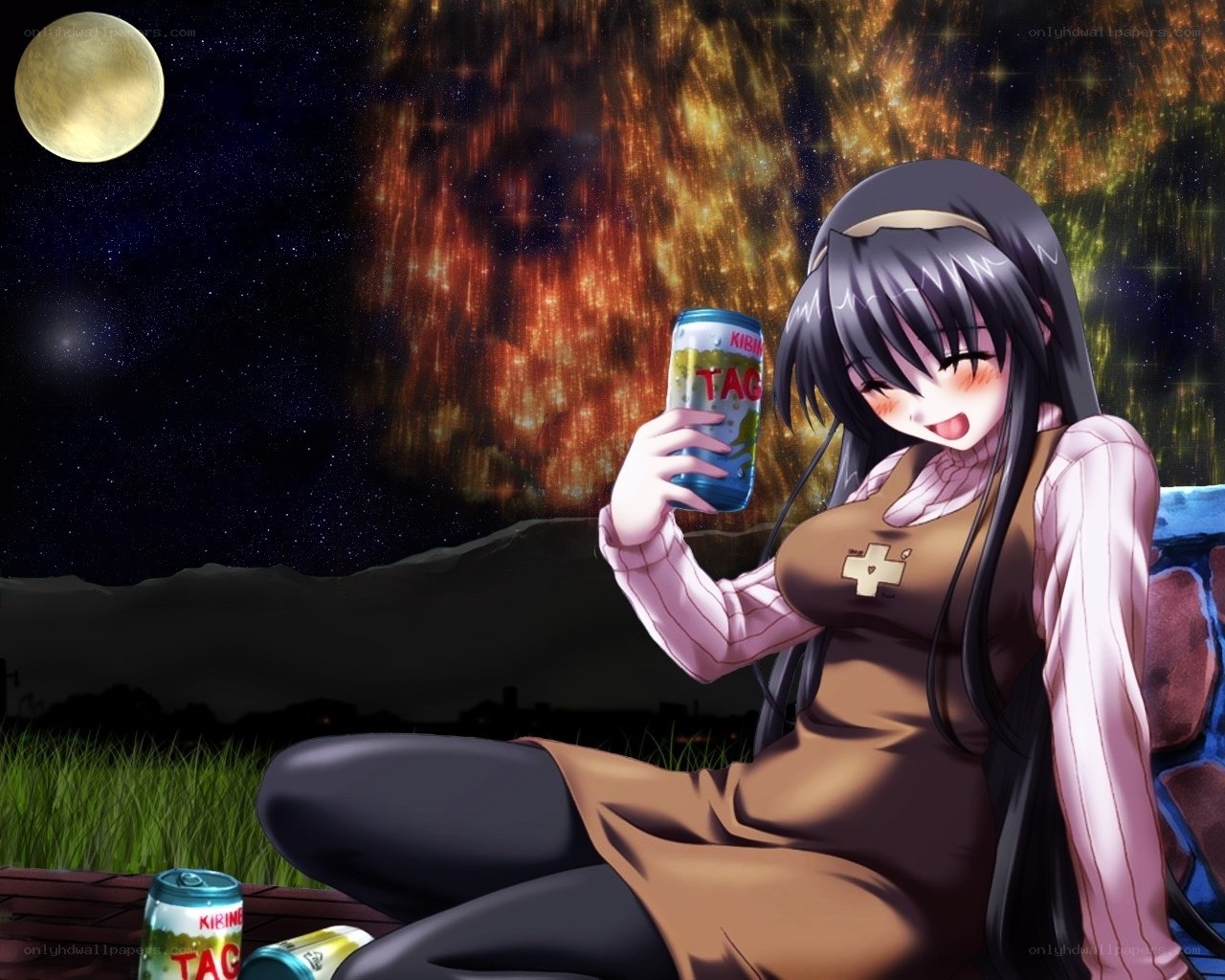Anime girl with drink at night