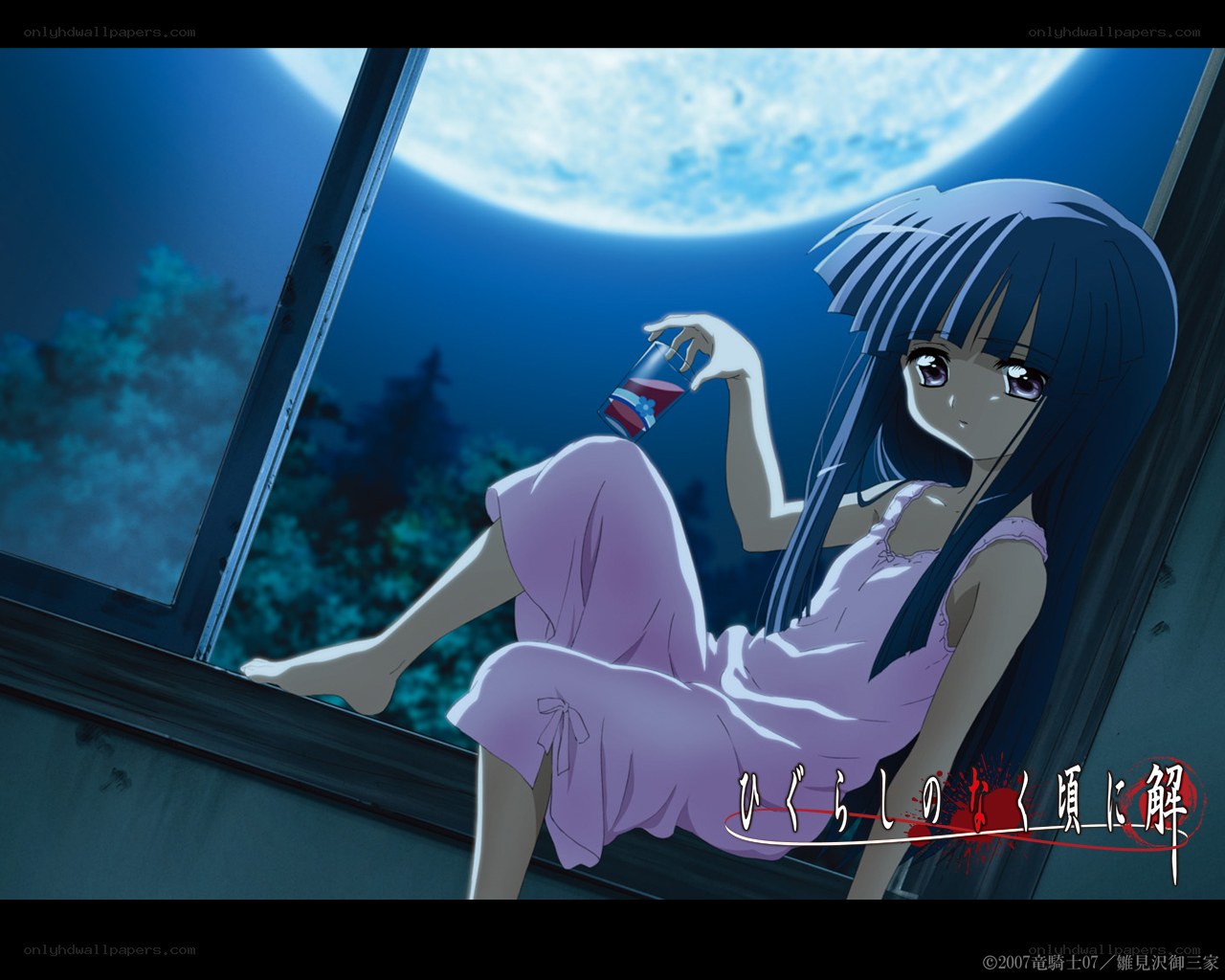 anime girl with drink at window