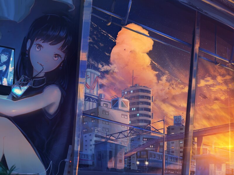 Anime Girl with Drink — Blue, Dramatic