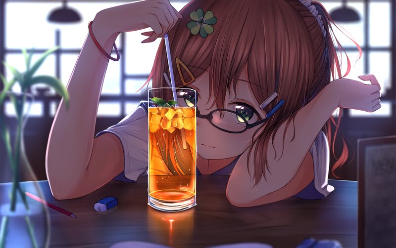 Anime Girl with Drink — Brown