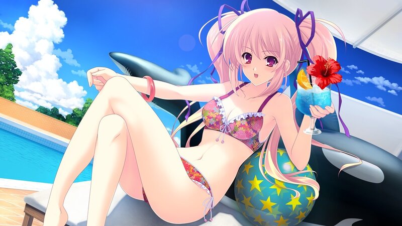 Anime girl with drink by pool