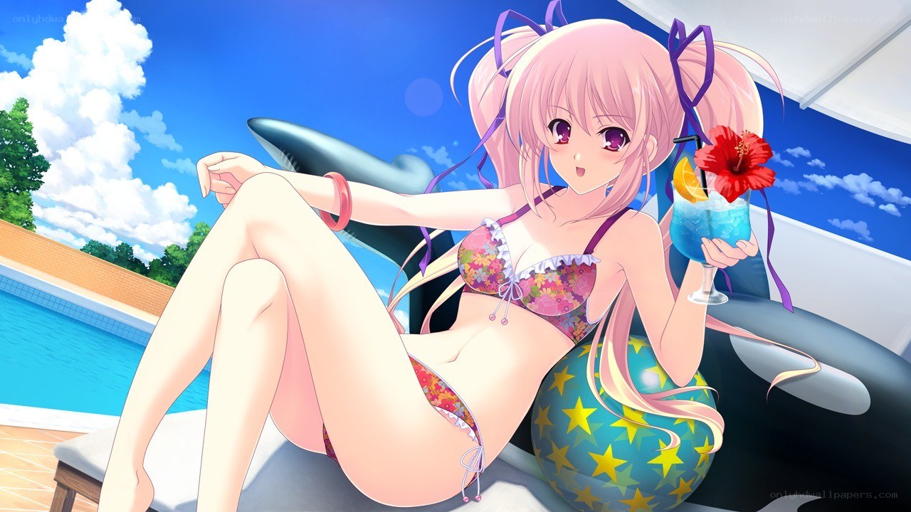 Anime girl with drink by pool