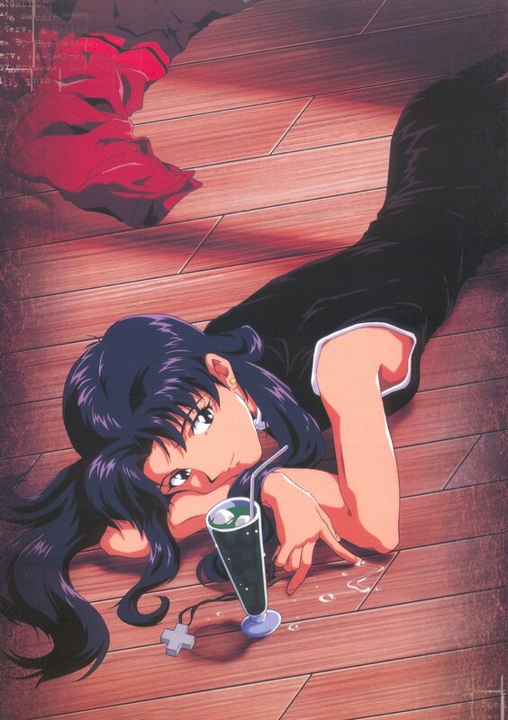 Anime girl with drink on floor