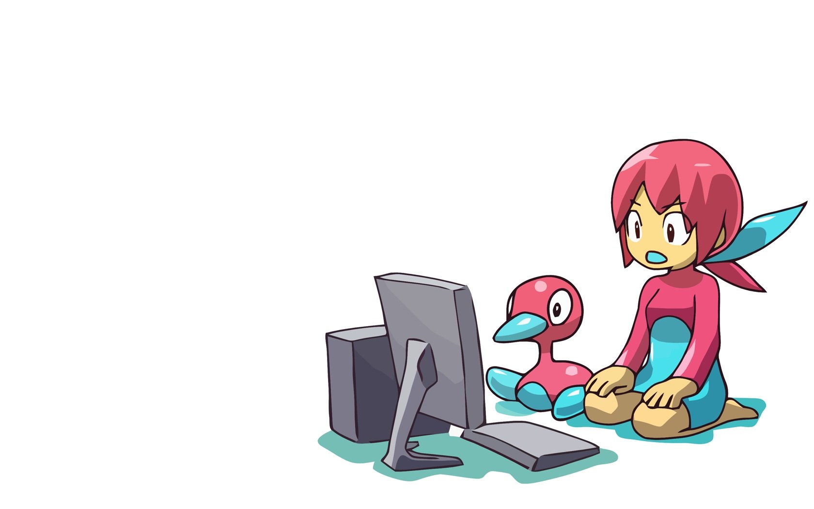 anime girl with duck at computer