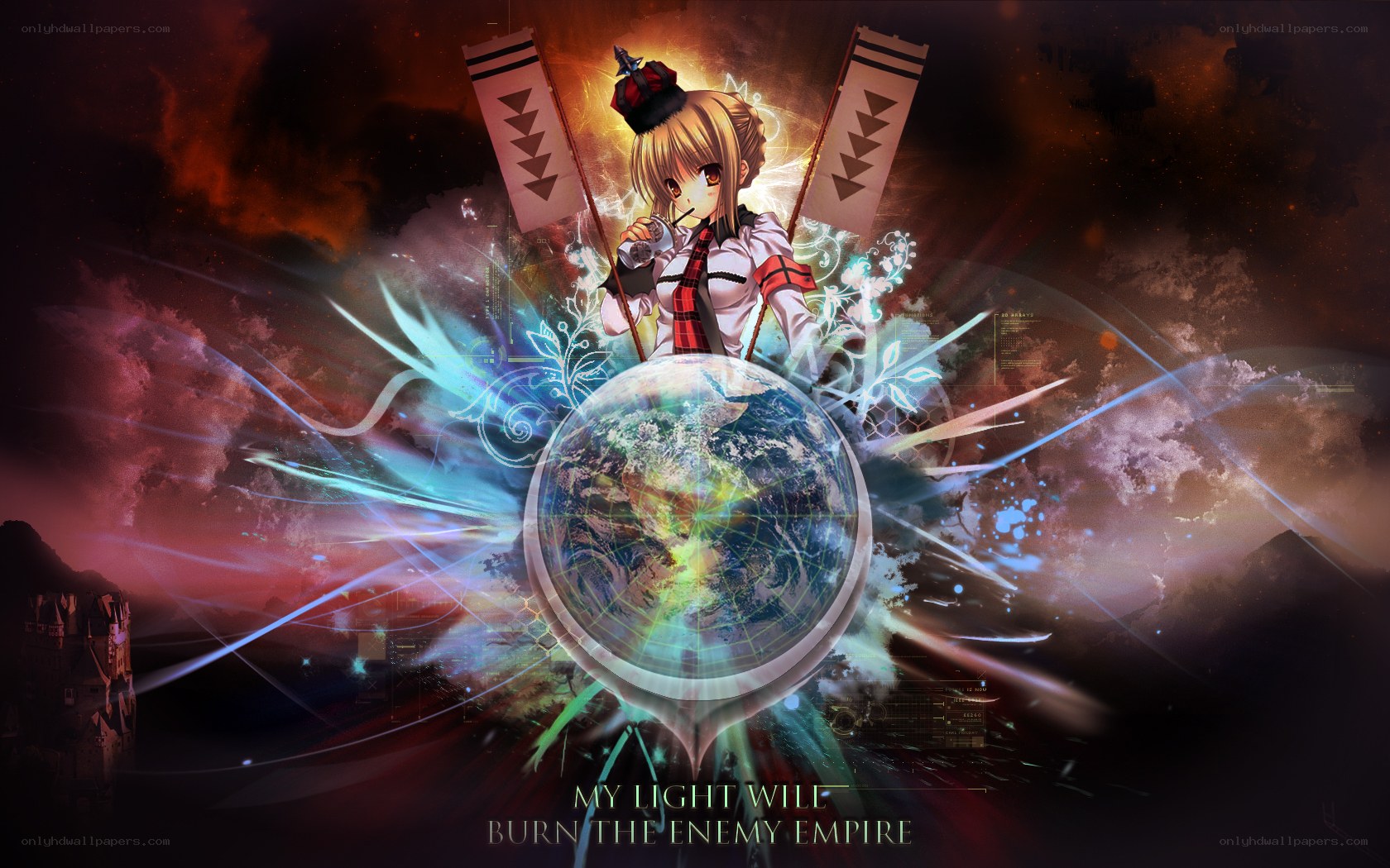 Anime girl with Earth and flags