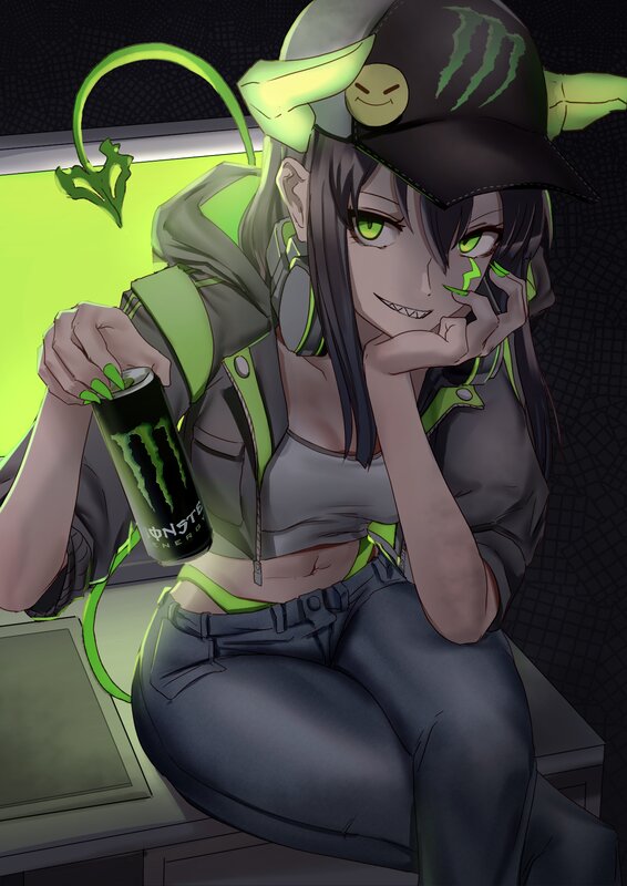 Anime Girl with Energy Drink — Green
