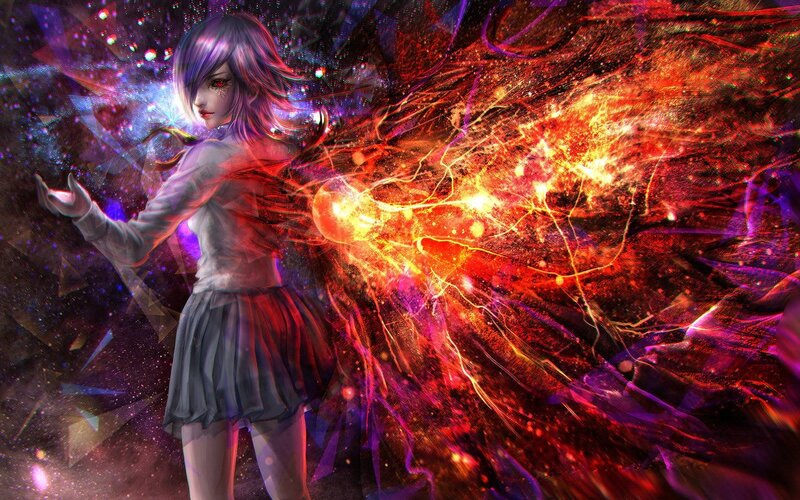 Anime Girl with Energy — Purple, Dramatic, Digital Art