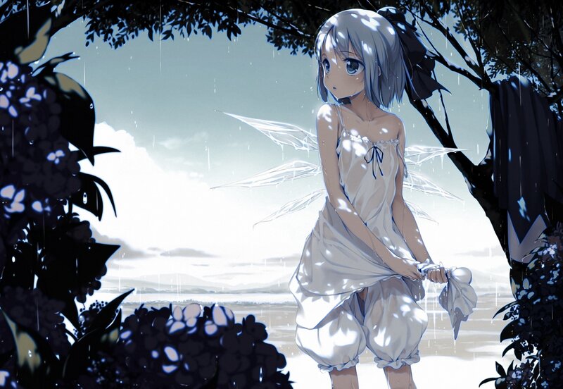 Anime girl with fairy wings in rain