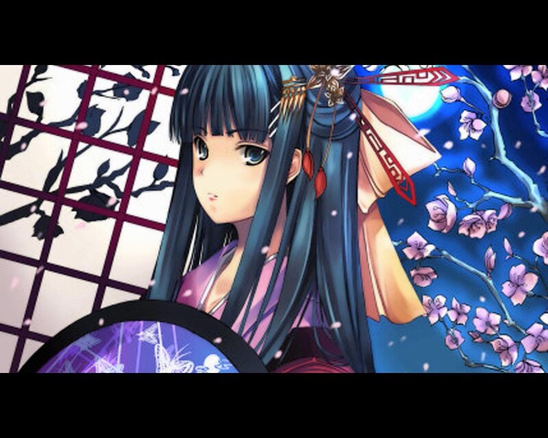 anime girl with fan and cherry blossoms